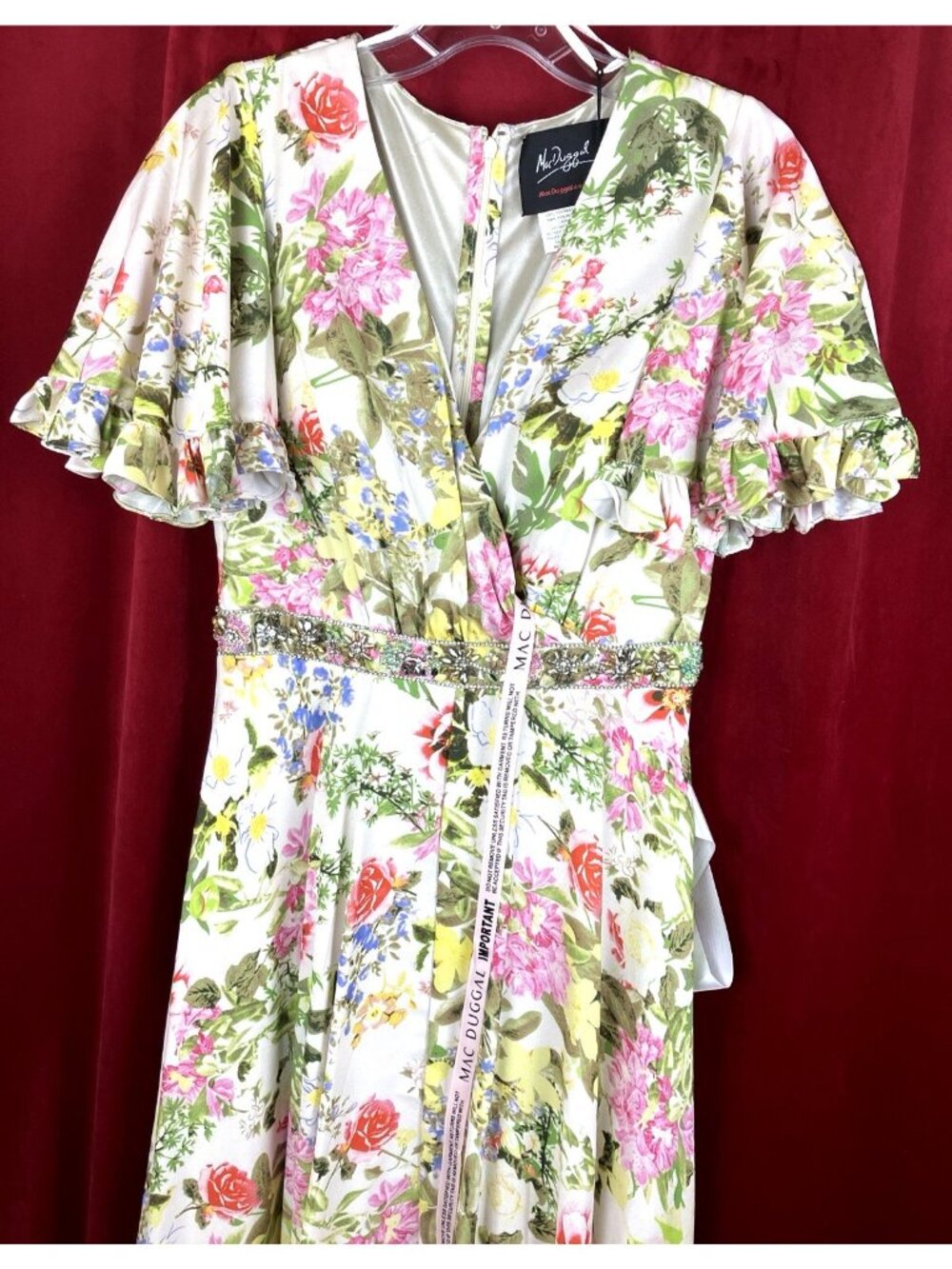 NWT 4 Mac Duggal 9079 floral print crystal bead waist sequin maxi dress ruffle